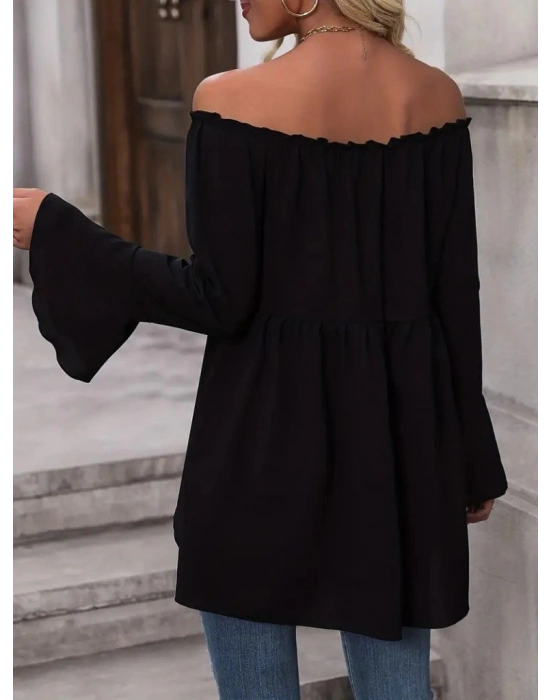 Kadın Uzun Kollu Madonna Yaka Asimetrik Detaylı Kolları Ispanyol Viskon Bluz