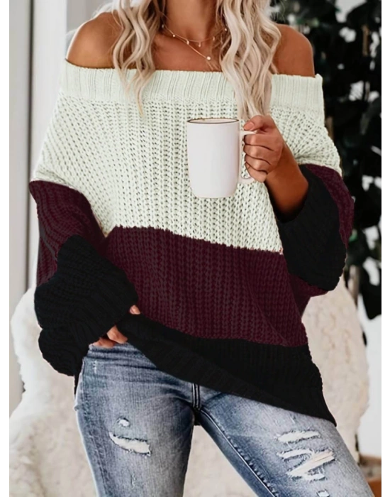 Kadın Uzun Kollu Madonna Yaka çizgi Desenli Salaş Triko