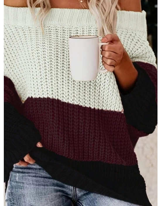 Kadın Uzun Kollu Madonna Yaka çizgi Desenli Salaş Triko