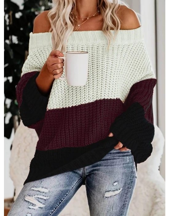 Kadın Uzun Kollu Madonna Yaka çizgi Desenli Salaş Triko