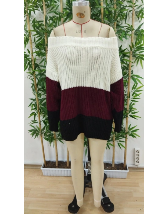 Kadın Uzun Kollu Madonna Yaka çizgi Desenli Salaş Triko