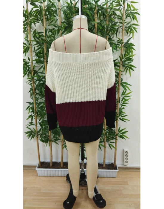 Kadın Uzun Kollu Madonna Yaka çizgi Desenli Salaş Triko