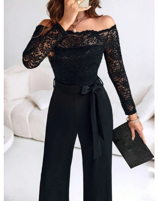 Kadın Uzun Kollu Madonna Yaka Dantelli Yandan Bağlamalı Ithal Krep Tulum