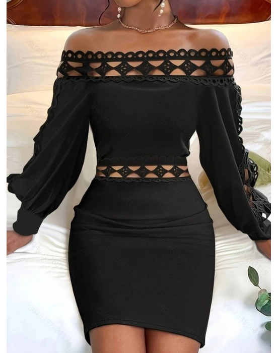 Kadın Uzun Kollu Madonna Yaka Kol Yaka Bel Dantel Detay şardonlu Dalgıç Elbise