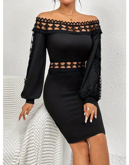 Kadın Uzun Kollu Madonna Yaka Kol Yaka Bel Dantel Detay şardonlu Dalgıç Elbise