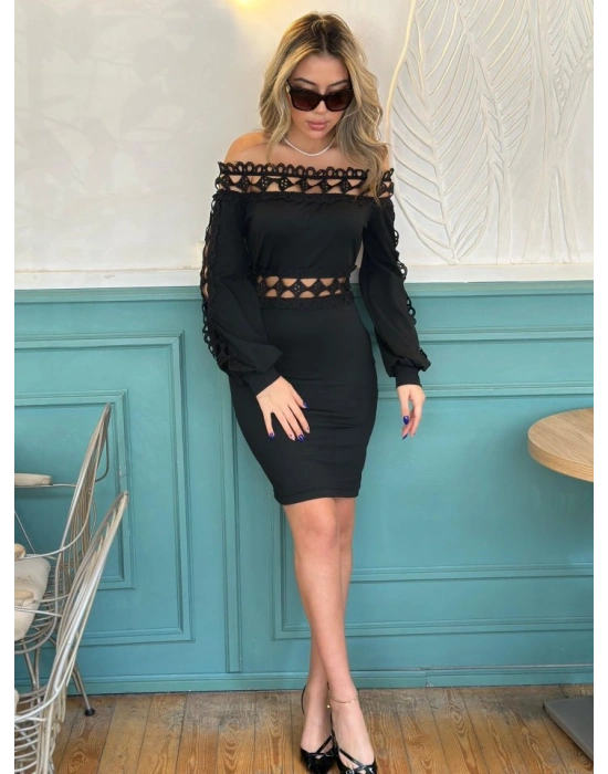 Kadın Uzun Kollu Madonna Yaka Kol Yaka Bel Dantel Detay şardonlu Dalgıç Elbise