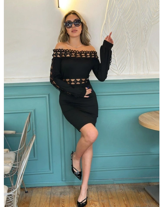 Kadın Uzun Kollu Madonna Yaka Kol Yaka Bel Dantel Detay şardonlu Dalgıç Elbise