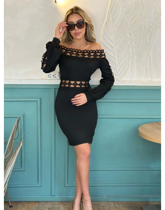 Kadın Uzun Kollu Madonna Yaka Kol Yaka Bel Dantel Detay şardonlu Dalgıç Elbise