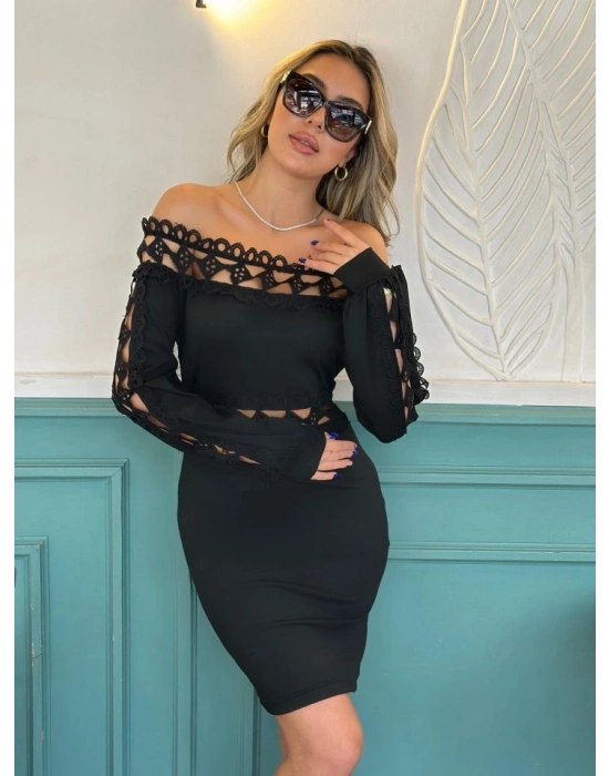 Kadın Uzun Kollu Madonna Yaka Kol Yaka Bel Dantel Detay şardonlu Dalgıç Elbise