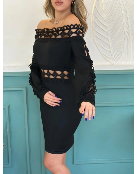 Kadın Uzun Kollu Madonna Yaka Kol Yaka Bel Dantel Detay şardonlu Dalgıç Elbise