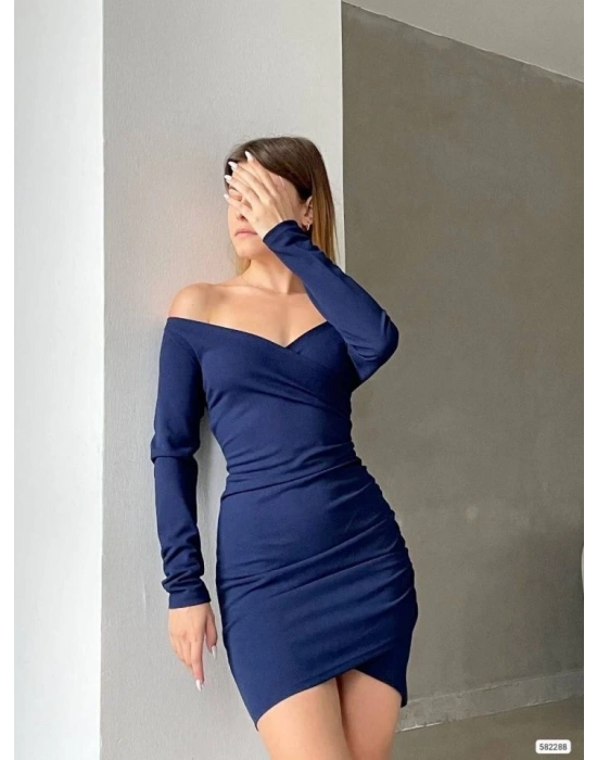 Kadın Uzun Kollu Madonna Yaka Kruvaze Detay Mini Büzgülü Elbise