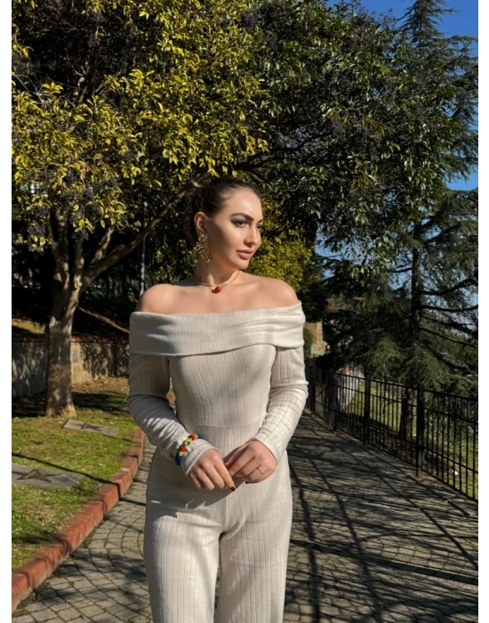 Kadın Uzun Kollu Madonna Yaka şardonlu Kaşkorse Tulum