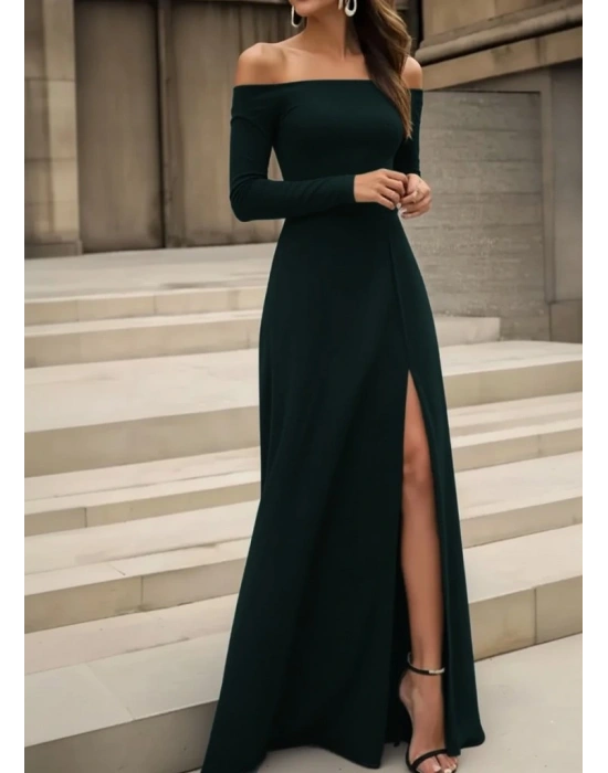 Kadın Uzun Kollu Madonna Yakalı Yırtmaç Detaylı Uzun Ithal Krep Elbise