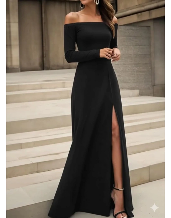 Kadın Uzun Kollu Madonna Yakalı Yırtmaç Detaylı Uzun Ithal Krep Elbise