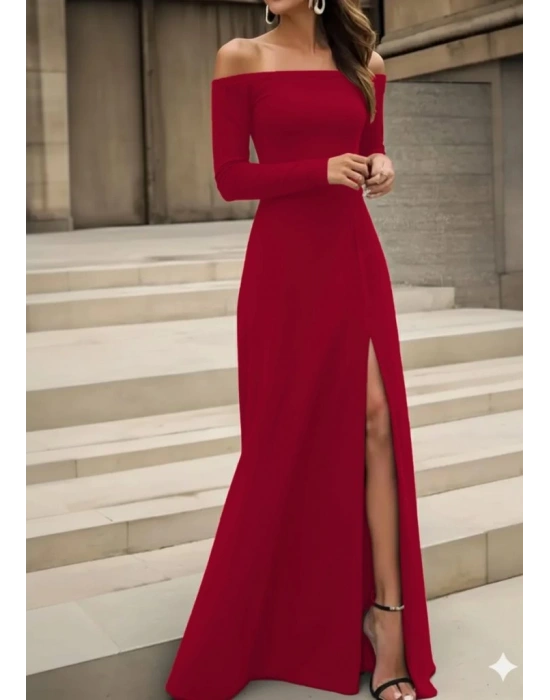 Kadın Uzun Kollu Madonna Yakalı Yırtmaç Detaylı Uzun Ithal Krep Elbise