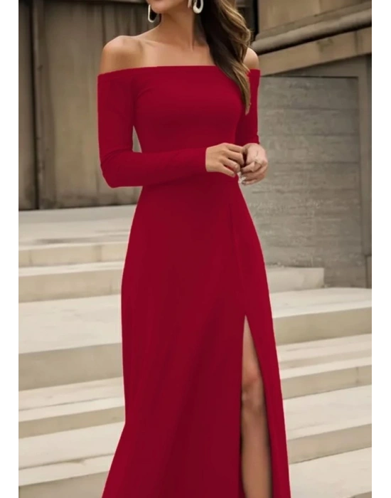 Kadın Uzun Kollu Madonna Yakalı Yırtmaç Detaylı Uzun Ithal Krep Elbise