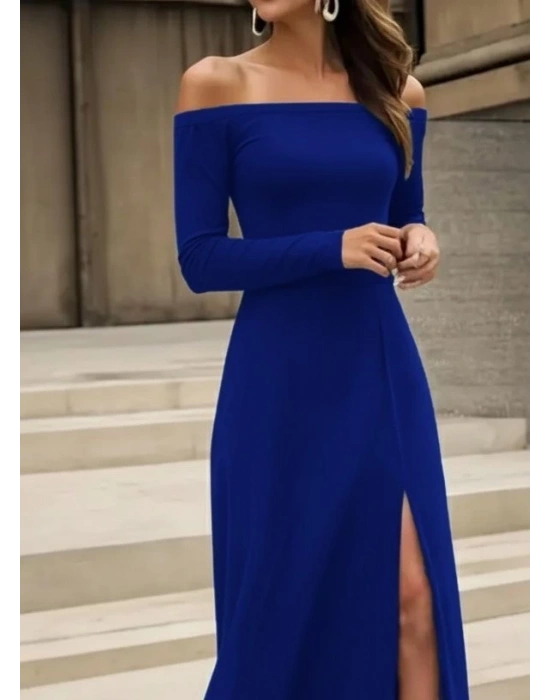 Kadın Uzun Kollu Madonna Yakalı Yırtmaç Detaylı Uzun Ithal Krep Elbise