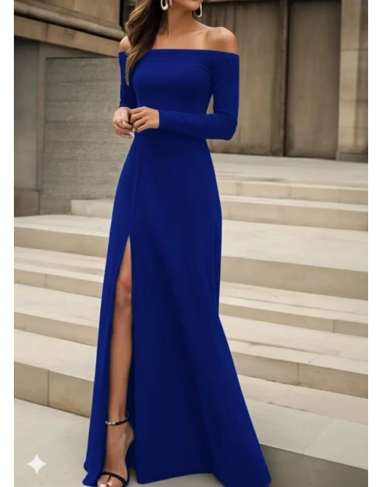 Kadın Uzun Kollu Madonna Yakalı Yırtmaç Detaylı Uzun Ithal Krep Elbise