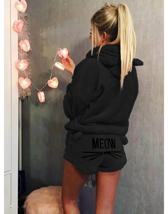 Kadın Uzun Kollu Meow Kedi Nakışlı Kapşonlu Peluş Sweat Ve Short Ikili Takım