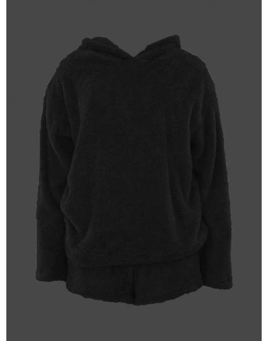 Kadın Uzun Kollu Meow Kedi Nakışlı Kapşonlu Peluş Sweat Ve Short Ikili Takım