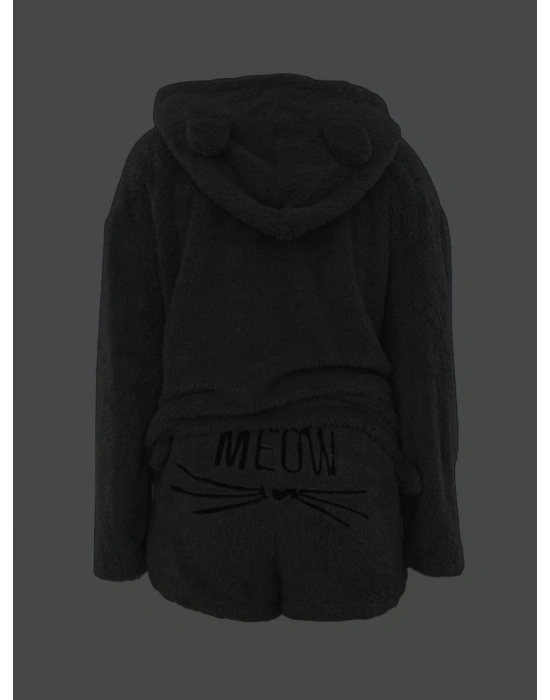 Kadın Uzun Kollu Meow Kedi Nakışlı Kapşonlu Peluş Sweat Ve Short Ikili Takım