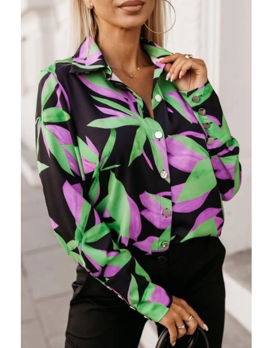 Kadın Uzun Kollu Metal Düğme Detay çiçek Baskılı Mosskrep Kumaş Gömlek