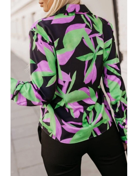 Kadın Uzun Kollu Metal Düğme Detay çiçek Baskılı Mosskrep Kumaş Gömlek