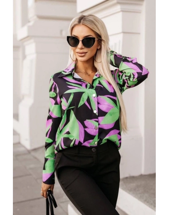 Kadın Uzun Kollu Metal Düğme Detay çiçek Baskılı Mosskrep Kumaş Gömlek