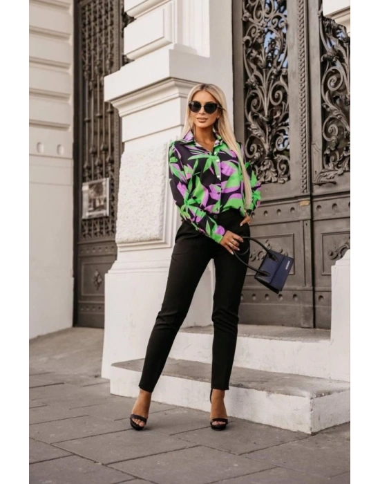 Kadın Uzun Kollu Metal Düğme Detay çiçek Baskılı Mosskrep Kumaş Gömlek