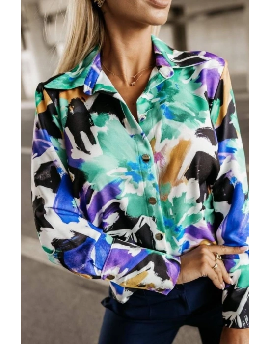 Kadın Uzun Kollu Metal Düğme Detay Renk Baskılı Mosskrep Kumaş Gömlek