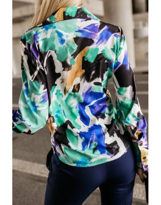 Kadın Uzun Kollu Metal Düğme Detay Renk Baskılı Mosskrep Kumaş Gömlek