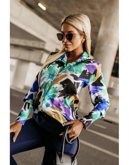 Kadın Uzun Kollu Metal Düğme Detay Renk Baskılı Mosskrep Kumaş Gömlek