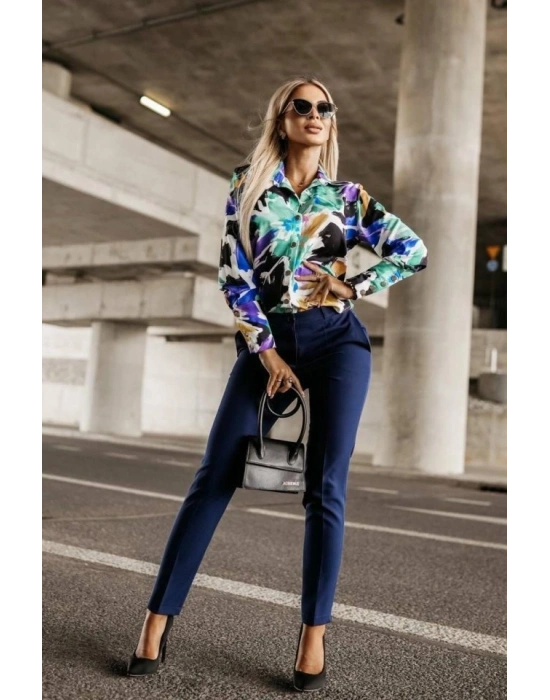 Kadın Uzun Kollu Metal Düğme Detay Renk Baskılı Mosskrep Kumaş Gömlek