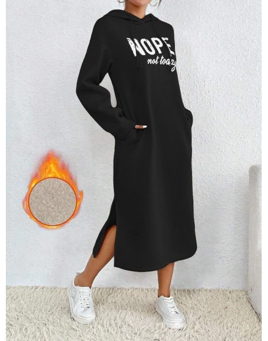 Kadın Uzun Kollu Nope Yazılı Kapüşonlu Yırmaç Detay Midi Boy Elbise