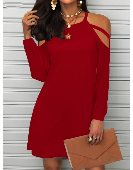 Kadın Uzun Kollu Omuz Açık Askı Detay Viskon Mini Boy Elbise