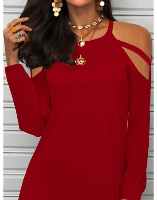 Kadın Uzun Kollu Omuz Açık Askı Detay Viskon Mini Boy Elbise