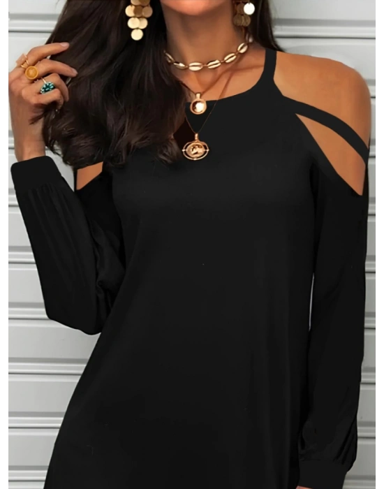 Kadın Uzun Kollu Omuz Açık Askı Detay Viskon Mini Boy Elbise