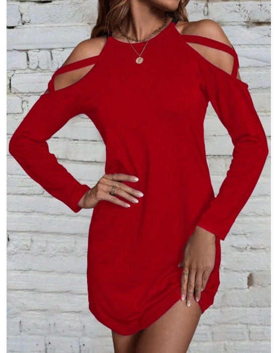 Kadın Uzun Kollu Omuz Açık Askı Detay Viskon Mini Boy Elbise