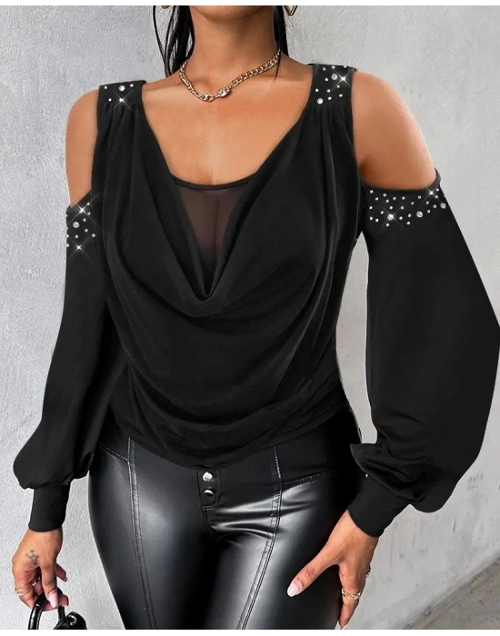 Kadın Uzun Kollu Omuz Dekolte Ve Taş Detaylı Degaje Tüllü Yaka Sandy Bluz