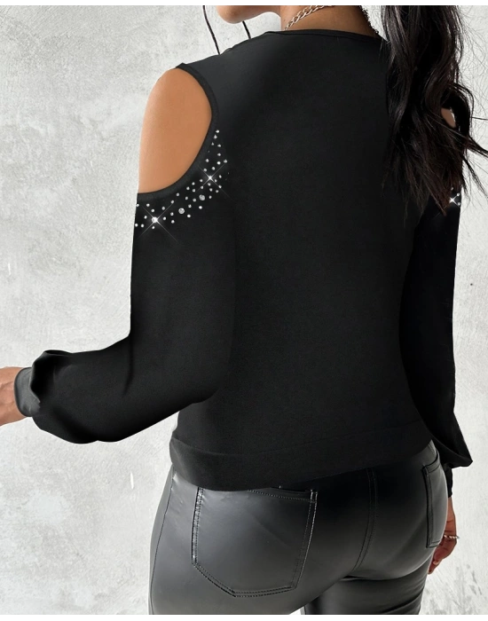 Kadın Uzun Kollu Omuz Dekolte Ve Taş Detaylı Degaje Tüllü Yaka Sandy Bluz