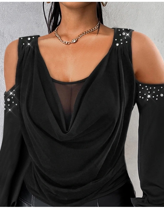 Kadın Uzun Kollu Omuz Dekolte Ve Taş Detaylı Degaje Tüllü Yaka Sandy Bluz