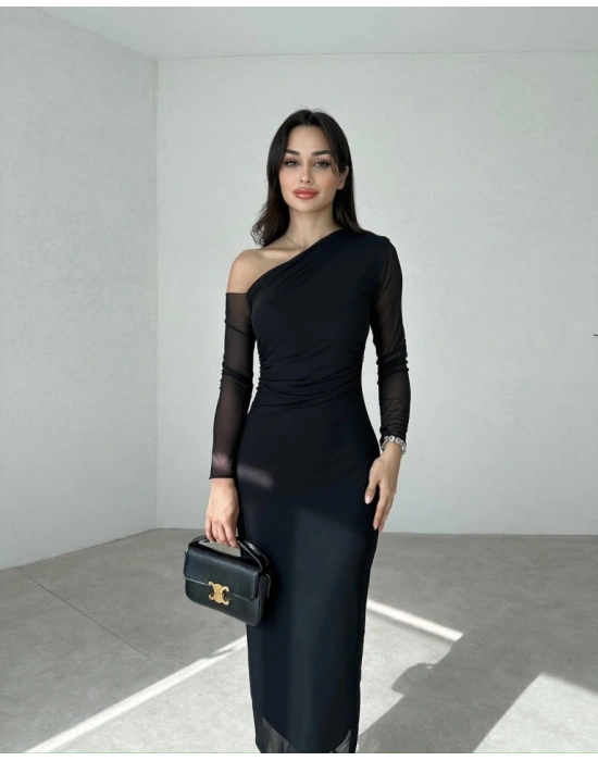 Kadın Uzun Kollu Omuz Dekolteli Içi Astarli Midi Boy Tül Elbise