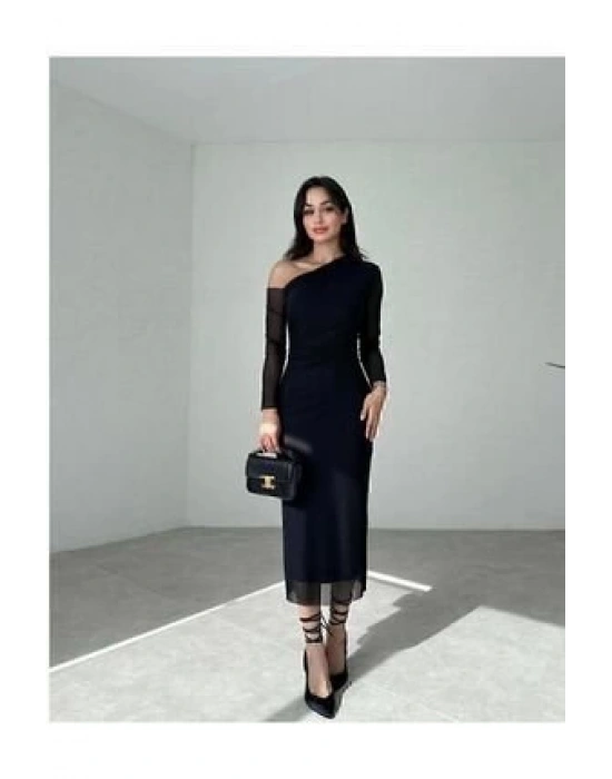 Kadın Uzun Kollu Omuz Dekolteli Içi Astarli Midi Boy Tül Elbise