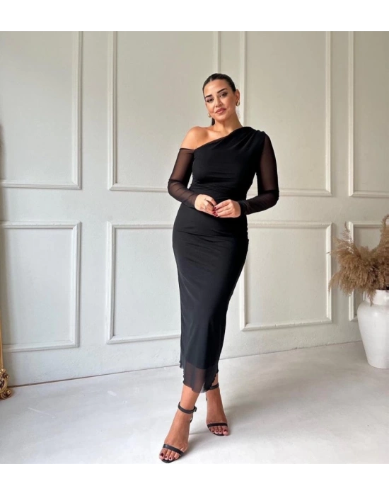 Kadın Uzun Kollu Omuz Dekolteli Içi Astarli Midi Boy Tül Elbise