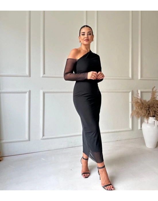 Kadın Uzun Kollu Omuz Dekolteli Içi Astarli Midi Boy Tül Elbise