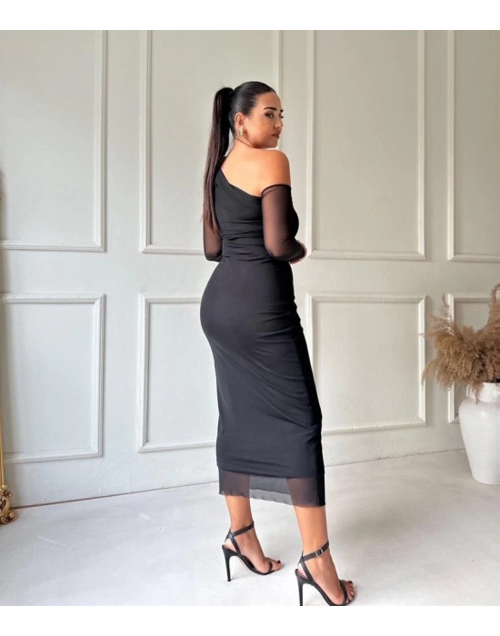 Kadın Uzun Kollu Omuz Dekolteli Içi Astarli Midi Boy Tül Elbise