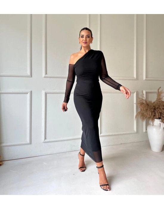 Kadın Uzun Kollu Omuz Dekolteli Içi Astarli Midi Boy Tül Elbise