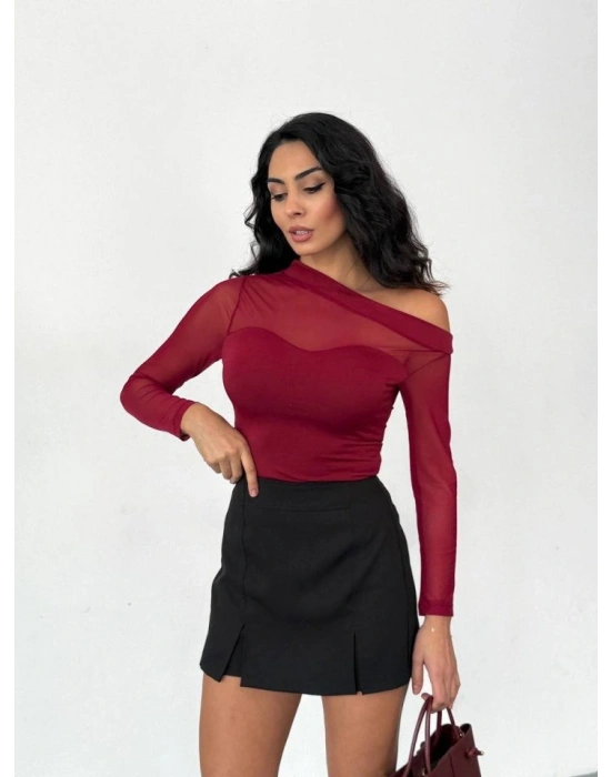 Kadın Uzun Kollu Omuz Dekoltesi Ve Transparan Tül Detay Bluz