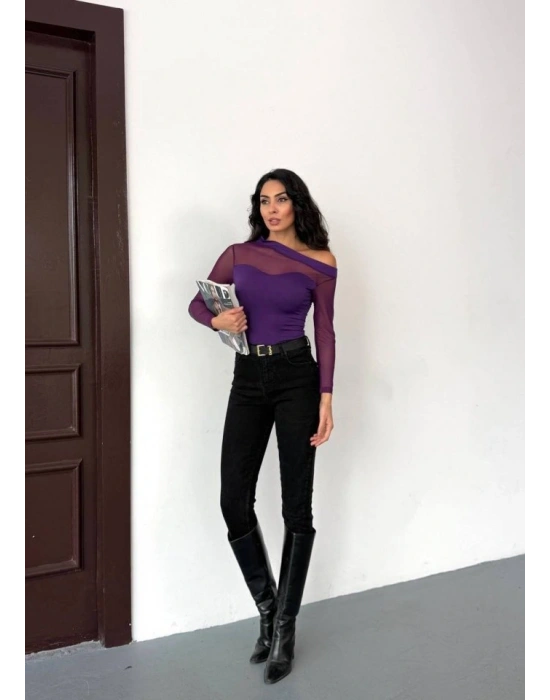 Kadın Uzun Kollu Omuz Dekoltesi Ve Transparan Tül Detay Bluz