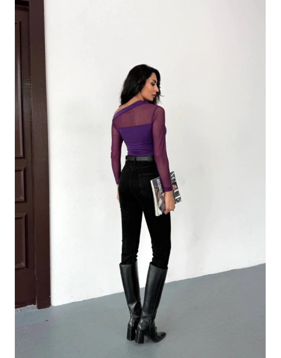 Kadın Uzun Kollu Omuz Dekoltesi Ve Transparan Tül Detay Bluz